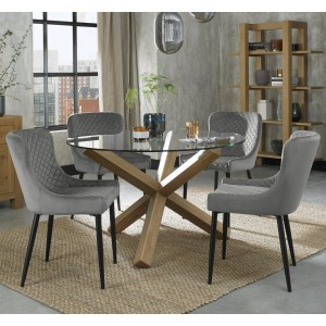 Bentley Designs Turin Clear Furniture 120cm Round 4 Seater Glass Dining Table with 4 Cezanne Grey Velvet Fabric Chairs