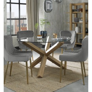 Bentley DesignsTurin Clear 120cm Round 4 Seater Glass Dining Table with 4 Cezanne Grey Velvet Fabric Chairs