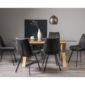 Bentley Designs Turin Clear Furniture Rectangular 6 Seater Dining Table with 6 Fontana Dark Grey Suede Fabric Chairs
