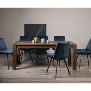 Bentley Designs Turin Dark Oak 6-10 Seater Dining Table With 8 Fontana Blue Velvet Fabric Chairs