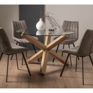Bentley Designs Turin Clear 120cm Round 4 Seater Glass Dining Table with 4 Fontana Tan Faux Suede Fabric Chairs