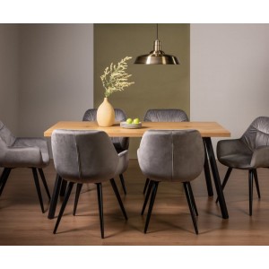 Bentley Designs Ramsay Rustic Oak Effect Melamine 6 Seater Dining Table with 6 Dali Grey Velvet Fabric Chairs