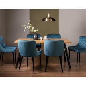 Bentley Designs Ramsay Rustic Oak Effect Melamine 6 Seater Dining Table with 6 Cezanne Petrol Blue Fabric Chairs