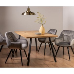 Bentley Designs Ramsay Rustic Oak Effect Melamine 6 Seater Dining Table With 4 Dali Grey Velvet Fabric Chairs
