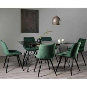 Bentley Designs Miro Clear Tempered Glass 6 Seater Dining Table with 6 Seurat Green Velvet Fabric Chairs