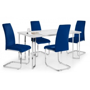 Julian Bowen Furniture Positano White Dining Table With 4 Calabria Blue Velvet Chairs
