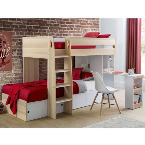 Julian Bowen Furniture Eclipse Oak and White Bunk Bed with Drawers and 2 Comfy Roll Mattress