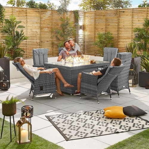 Nova Garden Furniture Ruxley Grey Weave 6 Seat Rectangular Dining Set with Fire Pit