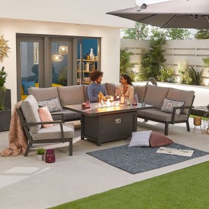 Nova Garden Furniture Vogue Grey Frame Corner Dining Set with Firepit Table & Lounge Chair  