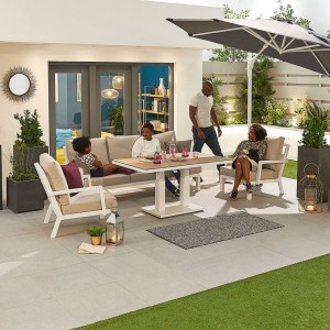 Nova Garden Furniture Vogue White Frame 3 Seat Sofa Dining Set with Rising Table & Bench  