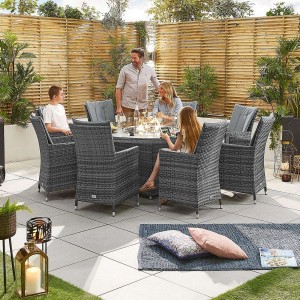 Nova Garden Furniture Sienna Grey Weave 8 Seat Round Dining Set with Fire Pit  