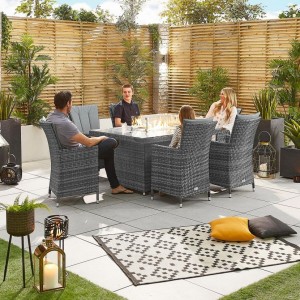 Nova Garden Furniture Sienna Grey Weave 6 Seat Rectangular Dining Set with Fire Pit  