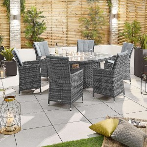 Nova Garden Furniture Sienna Grey Weave 6 Seat Oval Dining Set with Fire Pit  