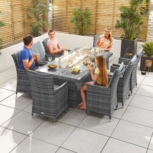 Nova Garden Furniture Sienna Grey Weave 8 Seat Rectangular Dining Set with Fire Pit  