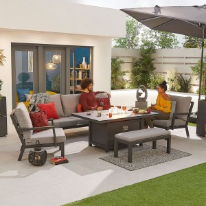 Nova Garden Furniture Vogue Grey Frame 3 Seat Sofa Dining Set with Firepit Table & Bench 
