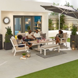 Nova Garden Furniture Vogue White Frame 3 Seat Sofa Dining Set with Rising Table & Bench  