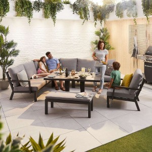Nova Garden Furniture Vogue Grey Frame Corner Dining Set with Rising Table & Armchair & Bench  