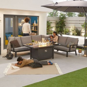 Nova Garden Furniture Vogue Grey Frame Corner Dining Set with Firepit Table & Armchair & Bench