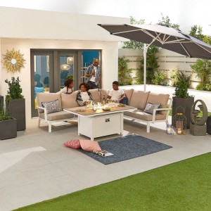 Nova Garden Furniture Vogue White Frame Corner Dining Set with Firepit Table & Lounge Chair  