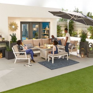 Nova Garden Furniture Vogue White Frame Corner Dining Set with Firepit Table with Armchair & Bench  