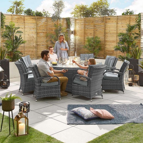 Nova Garden Furniture Olivia Grey Weave 8 Seat Round Dining Set with Fire Pit  