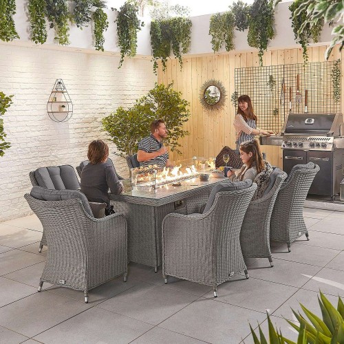 Nova Garden Furniture Camilla White Wash Rattan 8 Seat Rectangular Dining Set with Fire Pit 