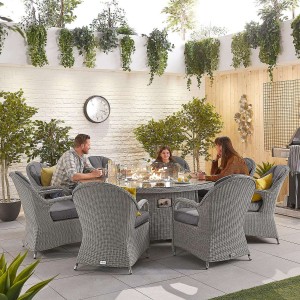 Nova Garden Furniture Leeanna White Wash Rattan 8 Seat Round Dining Set with Fire Pit 