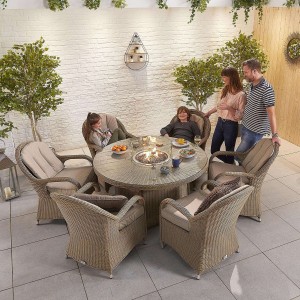 Nova Garden Furniture Leeanna Willow Rattan 6 Seat Round Dining Set with Fire Pit
