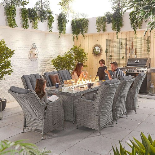 Nova Garden Furniture Carolina White Wash Rattan 8 Seat Rectangular Dining Set with Fire Pit  