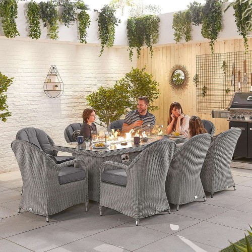 Nova Garden Furniture Leeanna White Wash Rattan 8 Seat Rectangular Dining Set with Fire Pit  