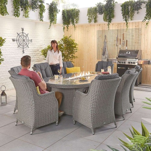 Nova Garden Furniture Thalia White Wash Rattan 8 Seat Oval Dining Set with Fire Pit Table 