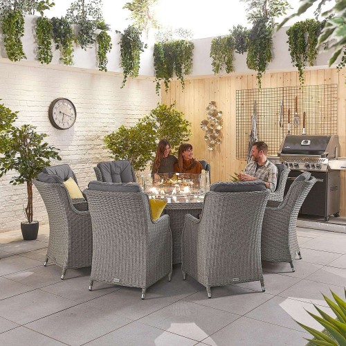 Nova Garden Furniture Thalia White Wash Rattan 8 Seat Round Dining Set with Fire Pit Table  