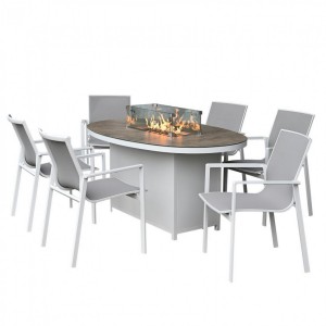 Nova Garden Furniture Milano White 6 Seat Oval Dining Set with Firepit  