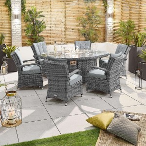 Nova Garden Furniture Olivia Grey Weave 6 Seat Oval Dining Set with Fire Pit  