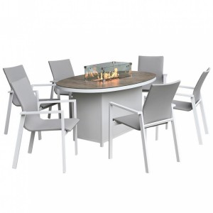 Nova Garden Furniture Roma White Frame 6 Seat Oval Dining Set with Firepit 
