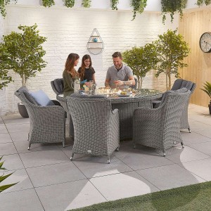 Nova Garden Furniture Camilla White Wash Rattan 6 Seat Oval Dining Set with Fire Pit 