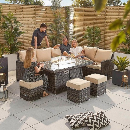 Nova Garden Furniture Cambridge Brown Rattan Right Hand Corner Dining Set with Fire Pit Table  
