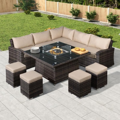Nova Garden Furniture Cambridge Brown Rattan Deluxe Corner Dining Set with Fire Pit Table  