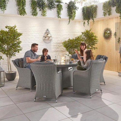 Nova Garden Furniture Camilla White Wash Rattan 6 Seat Round Dining Set with Fire Pit  