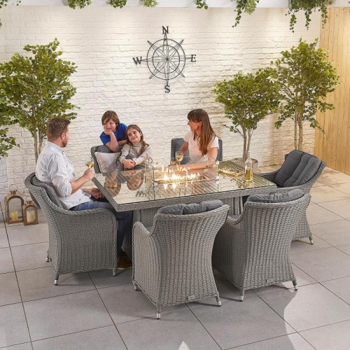 Nova Garden Furniture Camilla White Wash Rattan 6 Seat Rectangular Dining Set with Fire Pit