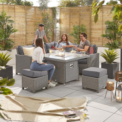 Nova Garden Furniture Ciara White Wash Rattan Compact Corner Dining Set with Fire Pit Table 