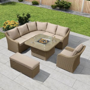 Nova Garden Furniture Harper Willow Rattan Deluxe Corner Dining Set with Fire Pit Table  