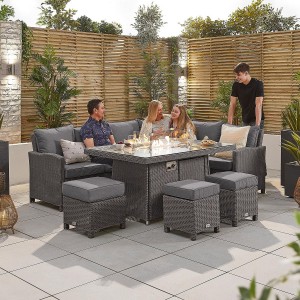 Nova Garden Furniture Ciara Slate Grey Rattan Right Hand Corner Dining Set with Fire Pit Table 