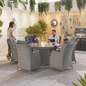 Nova Garden Furniture Thalia White Wash Rattan 6 Seat Round Dining Set with Fire Pit Table  