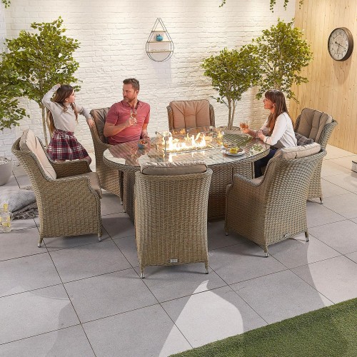 Nova Garden Furniture Thalia Willow Rattan 6 Seat Oval Dining Set with Fire Pit Table 