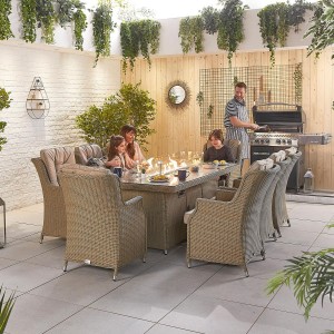 Nova Garden Furniture Thalia Willow Rattan 8 Seat Rectangular Dining Set with Fire Pit Table  
