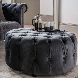 Vida Living Furniture Darby Grey Velvet Round Footstool