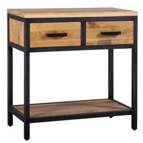 Forge Iron and Solid Oak 2 Drawer Hall Table with Oak Shelf