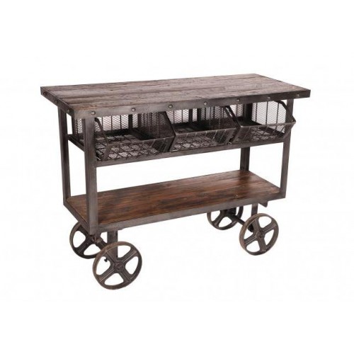 Handicrafts Industrial Furniture Iron and Reclaimed Timber Trolley With 3 Metal Baskets