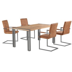Oslo Furniture Dining Table Set with 4 Brown Leather Dining Chair